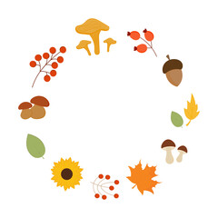 Autumn wreath, vector autumn frame with leaves, berries, mushrooms. Fall decorations for cards, gift tags, labels, stickers.