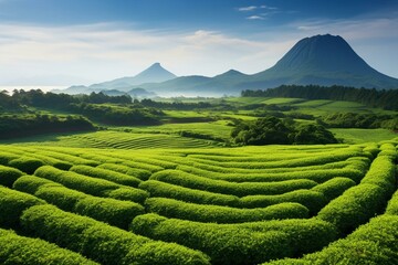 Stunning scenery displaying tea fields and mountains on Jeju Island, South Korea. Generative AI