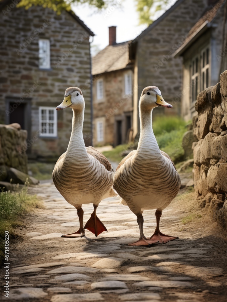 Poster two geese are walking on a cobblestone path. generative ai.
