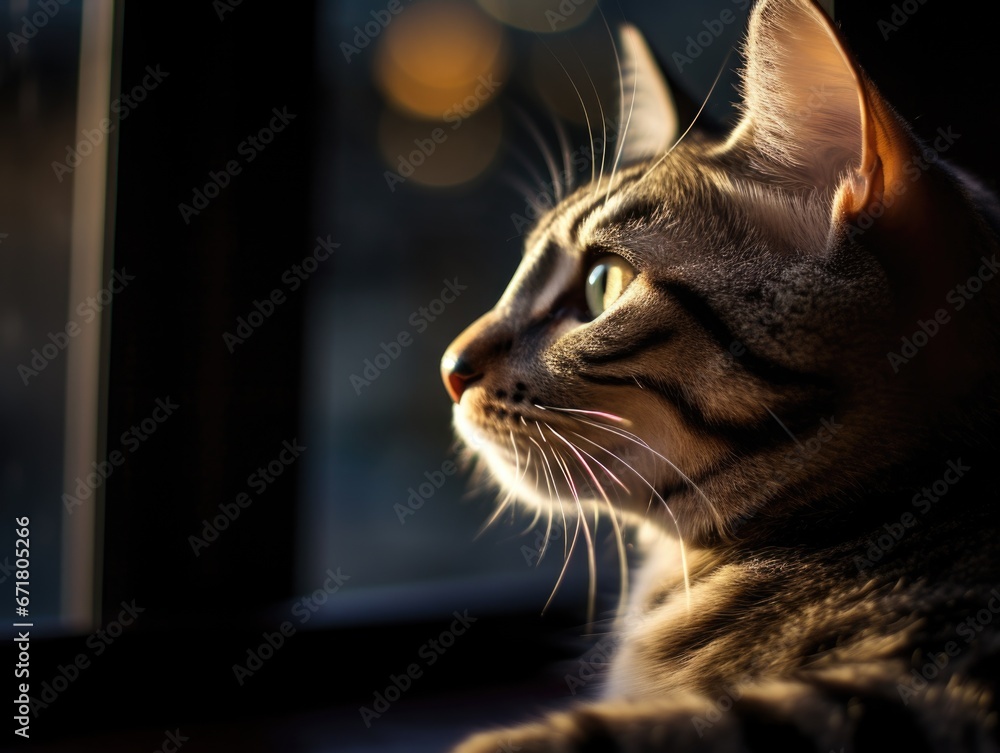 Poster a close up of a cat looking out a window. generative ai.