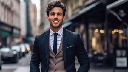 Naklejka premium Handsome young businessman is walking on the street and smiling