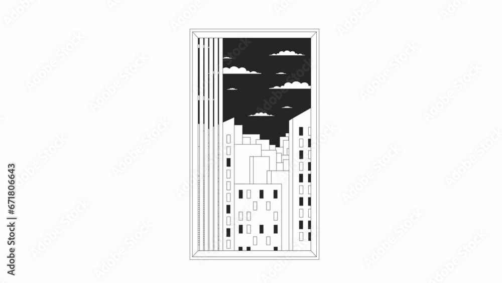 Poster skyscrapers evening window light blinking bw outline 2d object animation. cityscape urban scene mono