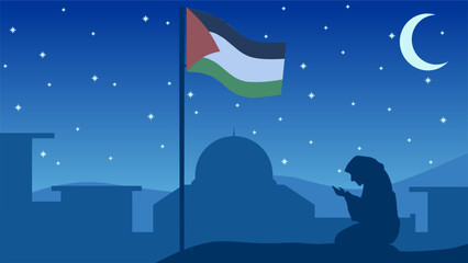 Palestine landscape vector illustration. Silhouette of al aqsa mosque at night with woman muslim praying. Landscape illustration of palestine for background or wallpaper