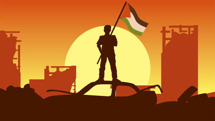 Fototapeta premium Palestine landscape vector illustration. Silhouette of man holding palestine flag in the destroyed city. Landscape illustration of war for social issues, news, support or conflict
