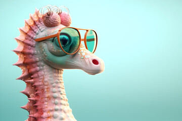 Creative animal concept. Seahorse in sunglass shade glasses isolated on solid pastel background, commercial, editorial advertisement, surreal surrealism.	