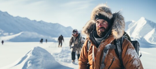 Arctic Odyssey: A Man Working as a Polar Explorer, Embracing Extreme Cold, Courage, and Perilous Adventure in the Melting Arctic of the Northern Hemisphere - obrazy, fototapety, plakaty