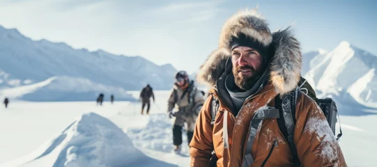 Fotobehang Arctic Odyssey: A Man Working as a Polar Explorer, Embracing Extreme Cold, Courage, and Perilous Adventure in the Melting Arctic of the Northern Hemisphere © Mr. Bolota