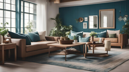 Living room with sofa, table and plants. Room color tone is blue and white. 
