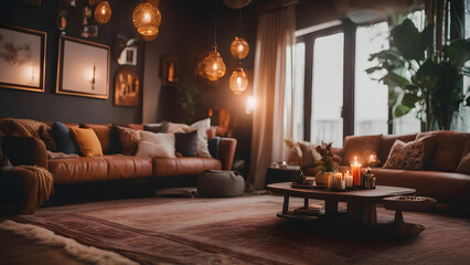 Living room with sofa, table and plants, warm brown tones.