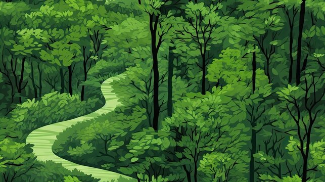  a painting of a path through a forest with lots of trees on either side of the path is a green area with many trees on both sides of the path.  generative ai