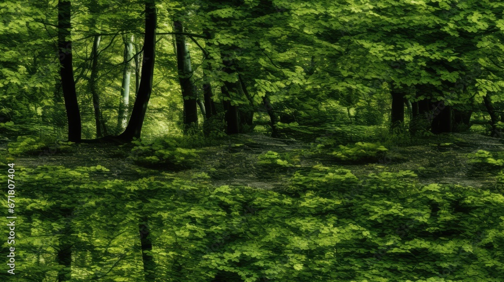 Poster a forest filled with lots of green trees and grass next to a forest filled with lots of green trees 
