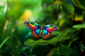 A vivid colorful rainbow butterfly on a green leaf - Generative AI