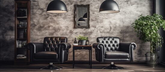 Modern and cozy room with large comfortable black leather armchairs in a beauty salon barbershop
