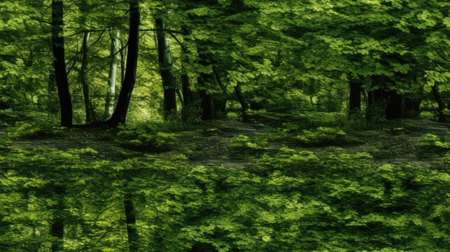  a forest filled with lots of green trees and grass next to a forest filled with lots of green trees and grass.  generative ai