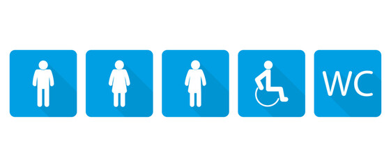 Toilet flat icon set. WC sign. Restroom for men, women, trasgender, disabled. Vector graphics.
