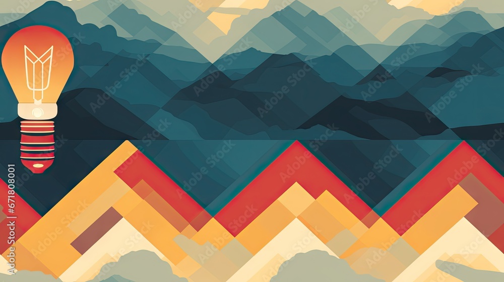 Poster a picture of a light bulb in the middle of a mountain range, with a mountain range in the background