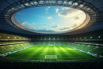 A bright soccer stadium with a green field, filled with excitement and a sense of competition. Generative AI