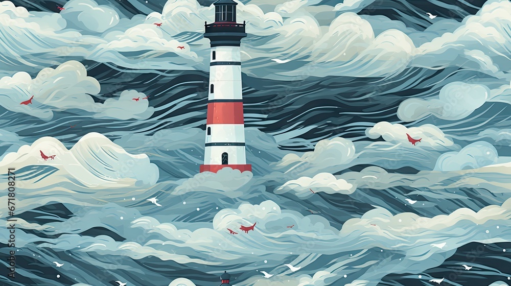 Poster a painting of a red and white lighthouse in the middle of a large body of water with waves around it
