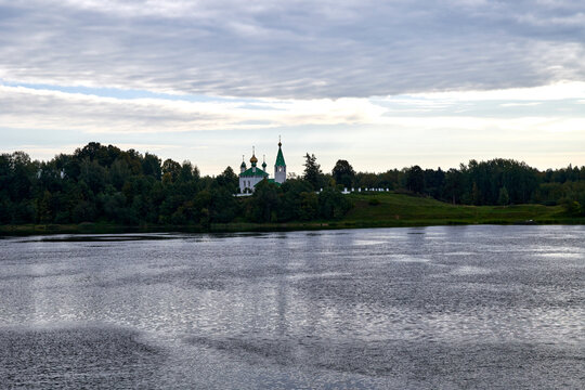 Russia. Travel along the Volga River. The village of Dievo-gorodishche. Vvedenskaya Church on the other side