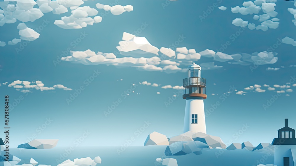 Poster a painting of a lighthouse in the middle of the ocean with clouds in the sky and a full moon in the 