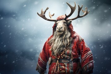 Un renne habillé en tenue de Père Noël, des flocons de neige et une lumière solaire