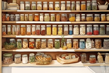 A contemporary watercolor of a stylish and natural pantry. Generative AI