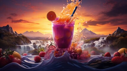  a glass of orange juice with strawberries and strawberries on a table with a waterfall and mountains in the background.  generative ai - obrazy, fototapety, plakaty