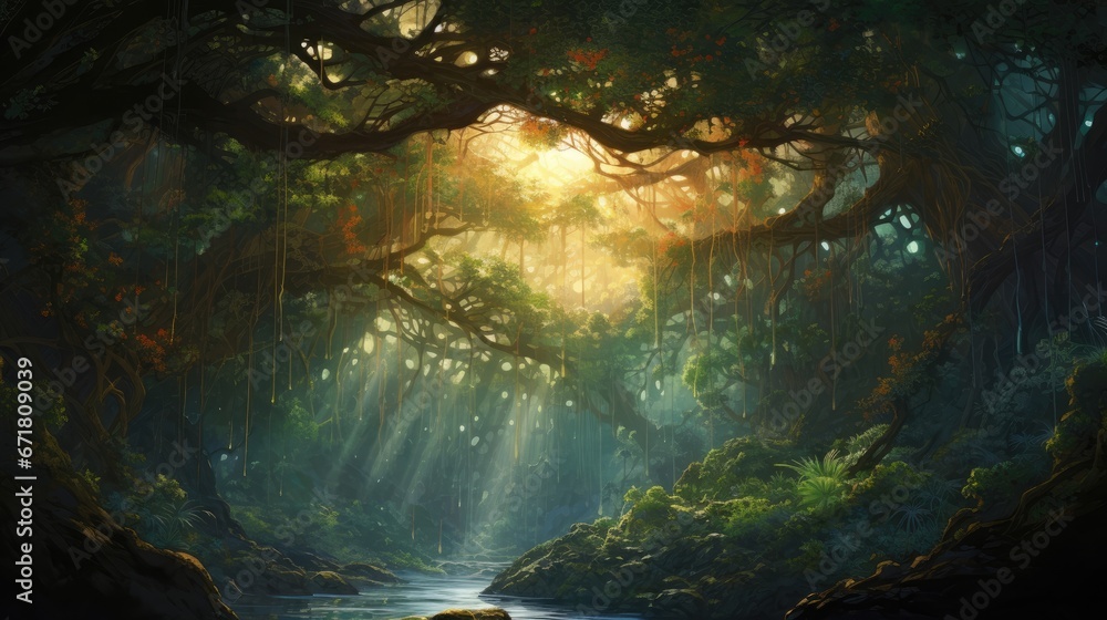 Poster a painting of a stream in the middle of a forest with sunlight streaming through the trees on the ot