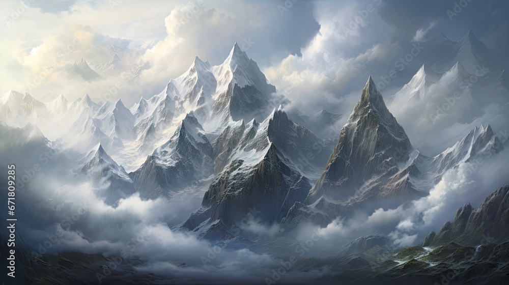 Poster a painting of a mountain range with clouds in the foreground and a blue sky with white clouds in the