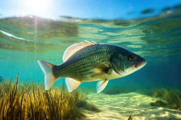 Fototapeta premium Magnificent bass fish gliding gracefully through the tranquil freshwater environment