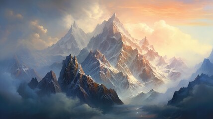  a painting of a mountain range with clouds in the foreground and the sun shining through the clouds in the background.  generative ai