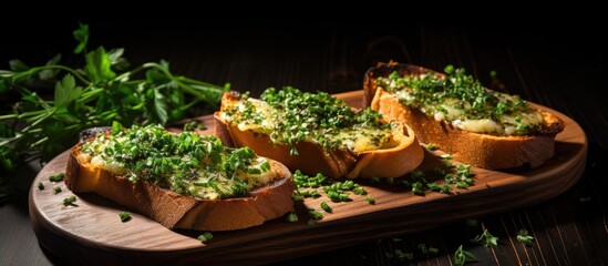 Bread is toasted with herbs including basil chives and garlic in a more traditional rustic manner