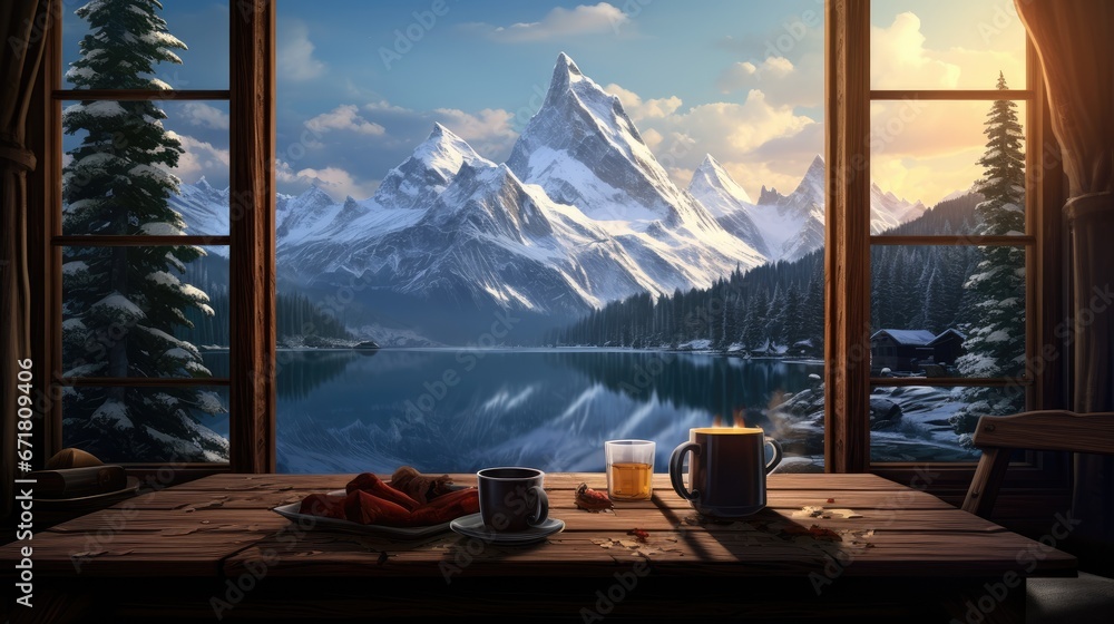 Poster a table with two mugs and a plate of food on it in front of a window overlooking a mountain lake. ge