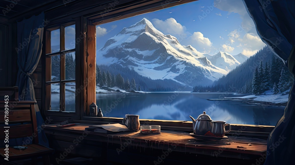 Poster a window view of a mountain lake with a kettle and a teapot on a table in front of it. generative ai