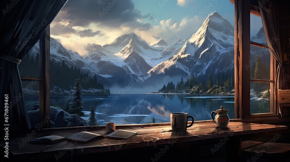 Poster a window view of a mountain lake with a book and coffee mug on a table in front of a window with a v