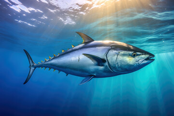 Fototapeta premium Tuna cruising through the deep blue ocean