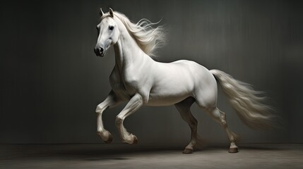 Obraz na płótnie Canvas a white horse is galloping in a black and white photo with a long mane and tail blowing in the wind. generative ai