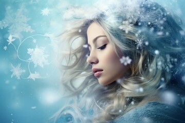 Side beauty portrait of beautiful attractive girl on magic winter background