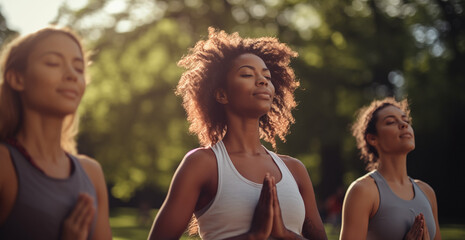A diverse group of women from various ethnic backgrounds stretches their arms outdoors, participating in a yoga class and engaging in breathing exercises at the park. The beautiful and fit women colle