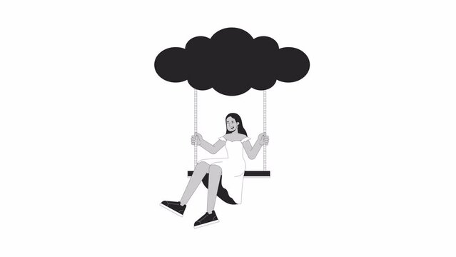Happy girl rides on swing hanging from cloud bw outline 2D animation. Swinging woman carefree 4K video motion graphic. Flying high monochrome linear animated cartoon flat concept, white background