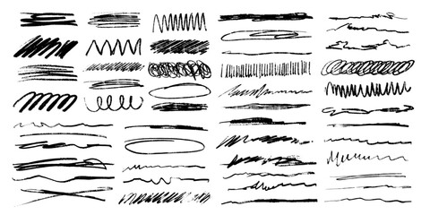 Grunge scrawls, charcoal scribbles, rough brush strokes, underlines and circles. Bold charcoal freehand stripes and ink shapes. Crayon or marker scribbles. Vector illustration - obrazy, fototapety, plakaty