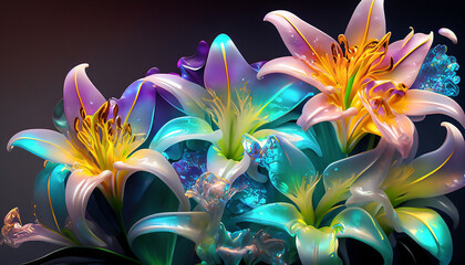 Iridescent lily flowers made of iridescent liquid