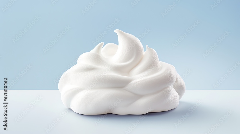 Poster a close up of a whipped cream container on a table with a blue background and a light blue wall in t