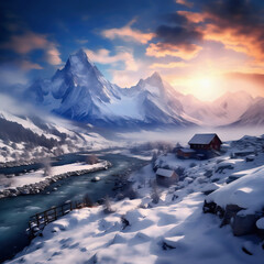 Winter mountain landscape with river and forest at sunset, 3d illustration