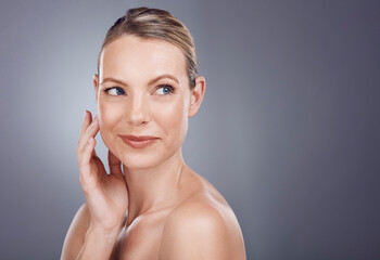 Beauty, skincare and mockup with face of woman for cosmetics, self care and glow. Dermatology,...