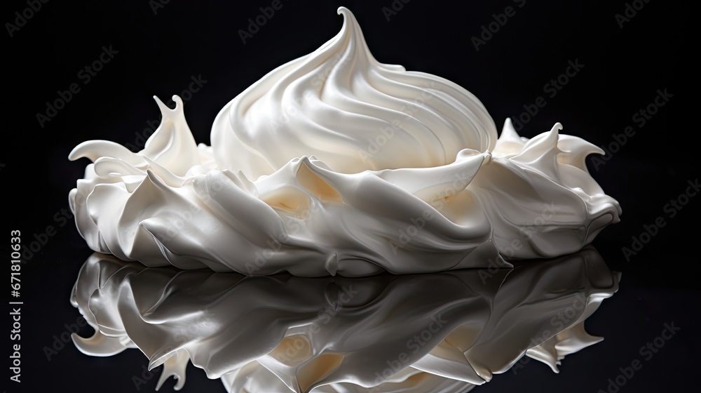 Poster a close up of a bowl of whipped cream on a black surface with a reflection of the bowl on the surfac