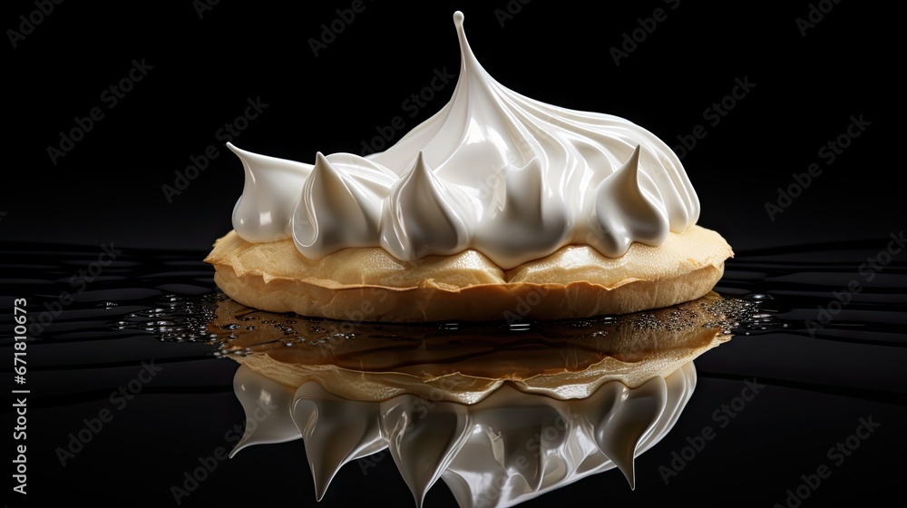 Poster a piece of cake sitting on top of a table next to a black background with a reflection of the cake o