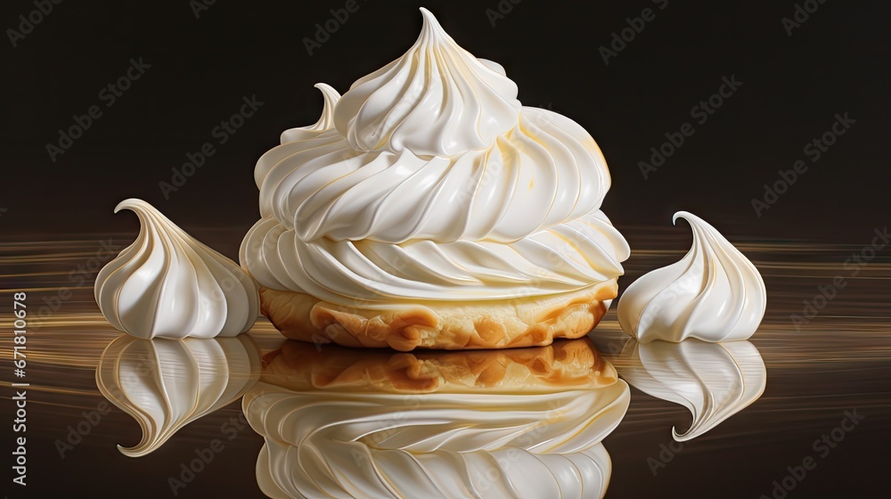 Poster a close up of a pastry with icing on a reflective surface with a reflection in the middle of the ima