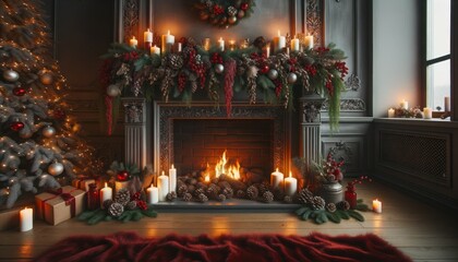 Fototapeta na wymiar Christmas fireplace, the mantel decorated with pine cones, candles, and a garland of holly berries. A plush red rug lies in front, and the room is dimly lit by the fireplace's gentle flames.