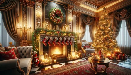Muurstickers Lavishly decorated Christmas fireplace, adorned with festive ornaments, stockings, and twinkling fairy lights. The warm glow of the burning logs casts a serene ambiance throughout the room. © Cad3D.Expert